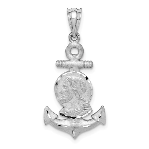 14k White Gold Brushed and Diamond-cut Jesus Head Anchor Pendant 7/8in