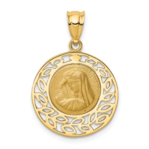 14k Yellow Gold Brushed and Polished Virgin Mary Pendant 5/8in