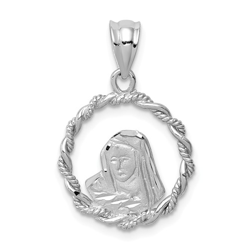 14k White Gold Diamond-cut Virgin Mary Pendant Rope Frame 5/8in