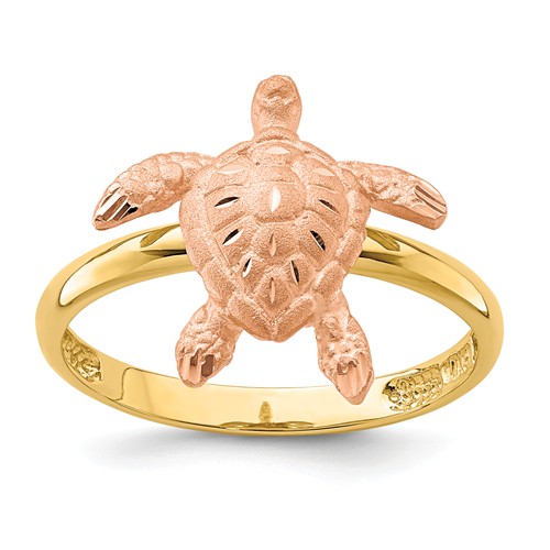 14k Two-tone Gold Brushed & Polished Diamond-cut Turtle Ring