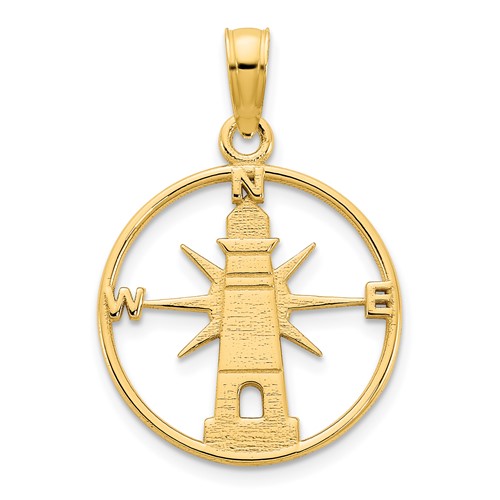 14k Yellow Gold Lighthouse Pendant in Round Frame