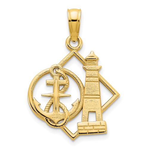 14k Yellow Gold Lighthouse and Anchor Pendant on Square Frame
