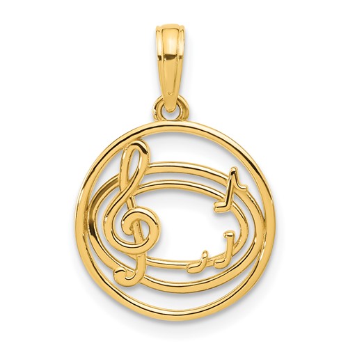 14k Yellow Gold Round Trebel Clef and Music Notes Pendant