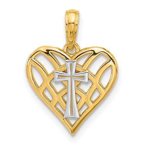 14k Yellow Gold and Rhodium Heart and Cross Charm 1/2in