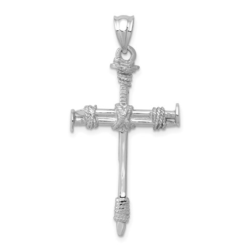 14k White Gold 1 1/4in Nail Cross Pendant with Rope