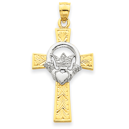 14kt Two-tone Gold 1 1/8in Claddagh Cross Pendant