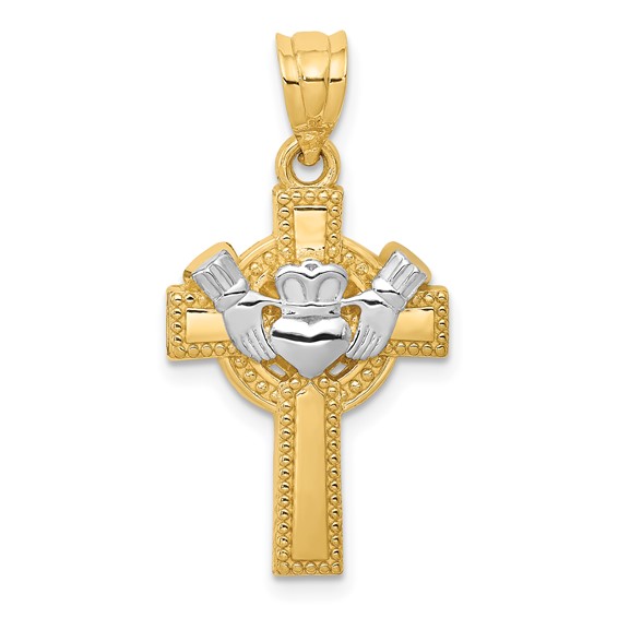 14k Two-tone Gold 15/16in Claddagh Cross Pendant