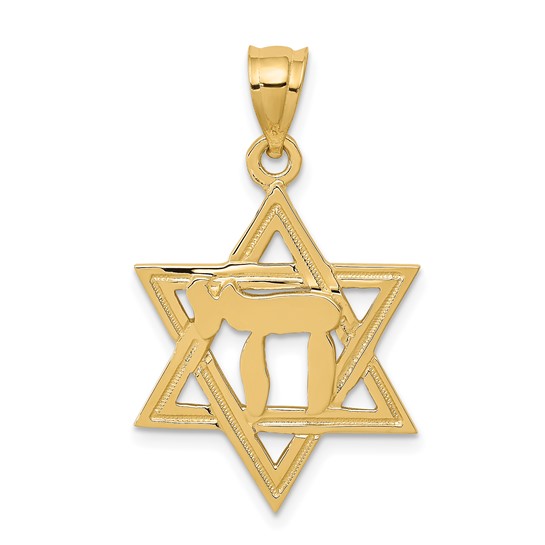 14kt Yellow Gold Solid 3/4in Polished Chai in Star of David Charm