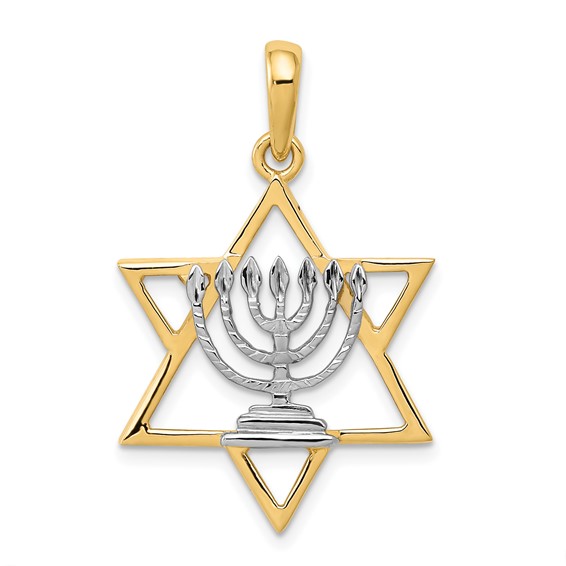 14k Yellow Gold and Rhodium 7/8in Solid Menorah in Star of David Charm