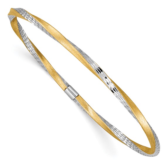 14k Two-tone Gold 7in Diamond-cut Twisted Bangle Bracelet