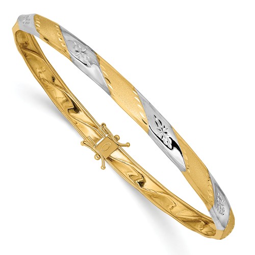 14k Yellow Gold Rhodium Polished Satin Diamond-cut Flexible Bangle 8in