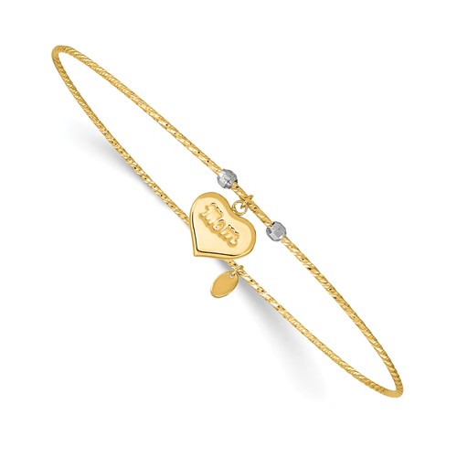 14k Yellow Gold Diamond-Cut Heart Mom Bangle 8in