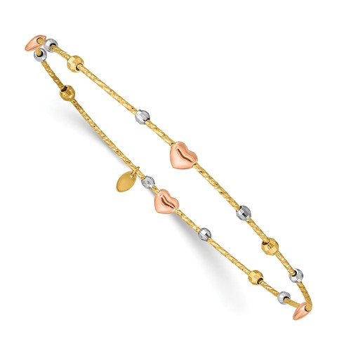 14k Tri-color Gold Heart Diamond-cut Slip-on Bangle 8in