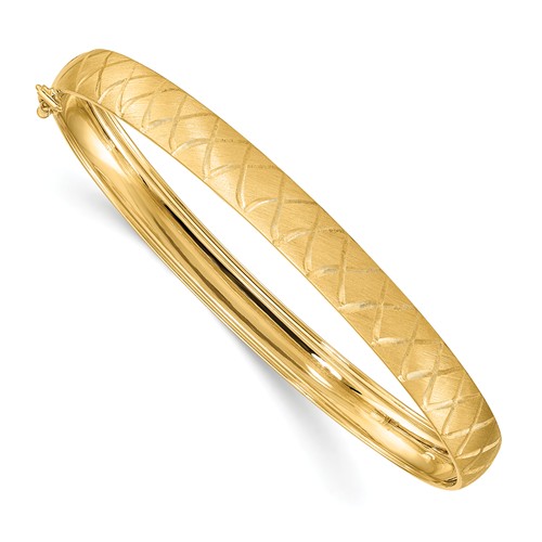 14k Yellow Gold Satin X-Pattern Oval Flexible Bangle 7in