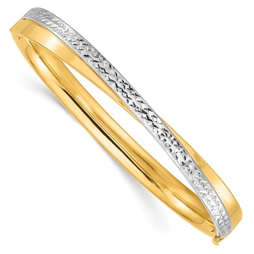 14k Yellow Gold and Rhodium Diamond-cut Bypass Hinged Bangle Bracelet