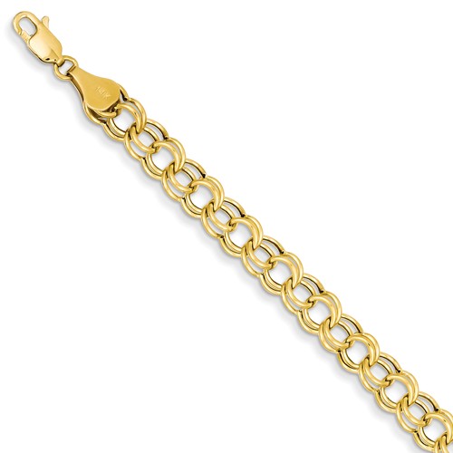 14kt Yellow Gold 7in Hollow Double Link Charm Bracelet 6mm