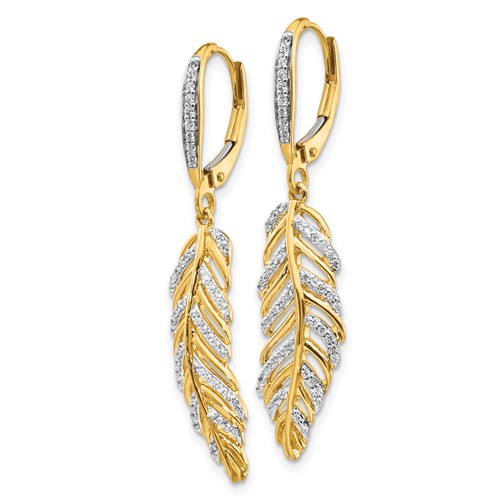14k Yellow Gold .33 ct tw Diamond Feather Leverback Earrings