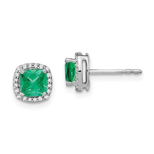 14k White Gold 1.5 ct tw Cushion Emerald and Diamond Halo Earrings