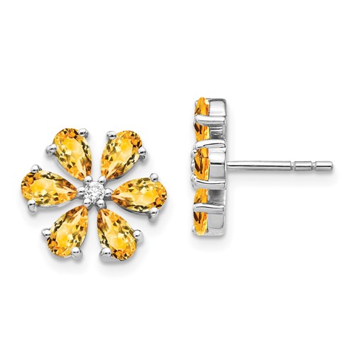 14k White Gold 4.4 ct tw Citrine Flower Earrings with Diamonds