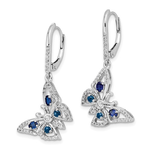 14k White Gold Diamond and Sapphire Butterfly Leverback Earrings