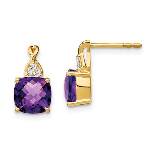 14k Yellow Gold 2.9 ct Cushion Cut Amethyst And Diamond Earrings