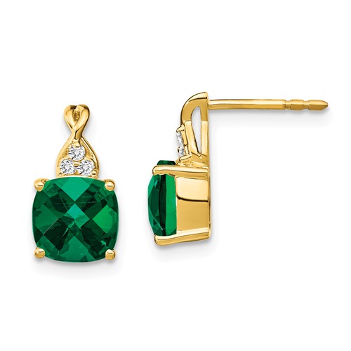 14k Yellow Gold 3.3 ct Cushion Cut Created Emerald & Diamond Earrings