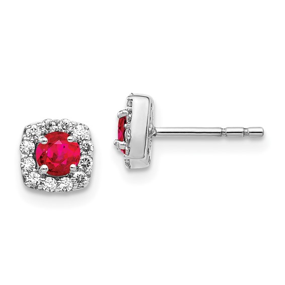 14k White Gold Created Ruby and Lab Grown Diamond Square Halo Earrings ...