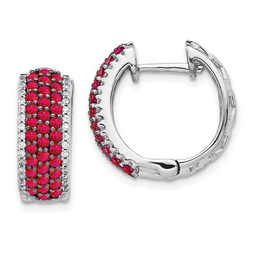 14k White Gold 2/3 ct tw Oval Ruby Halo Hoop Earrings with Diamonds