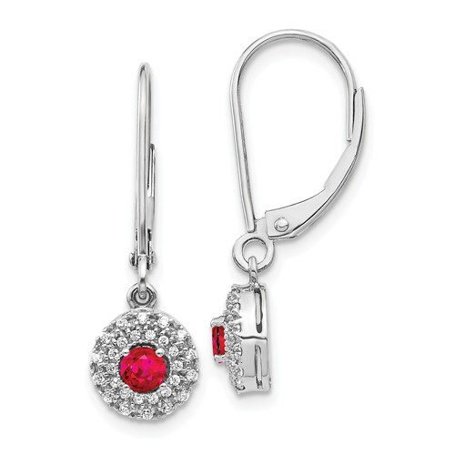 14k White Gold Diamond Halo Ruby Leverback Dangle Earrings