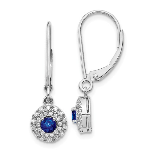 14k White Gold Halo Sapphire and Diamond Leverback Dangle Earrings