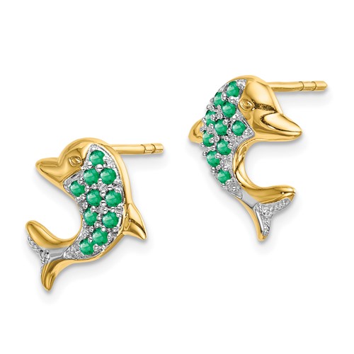 14k Yellow Gold Emerald and Diamond Dolphin Earrings