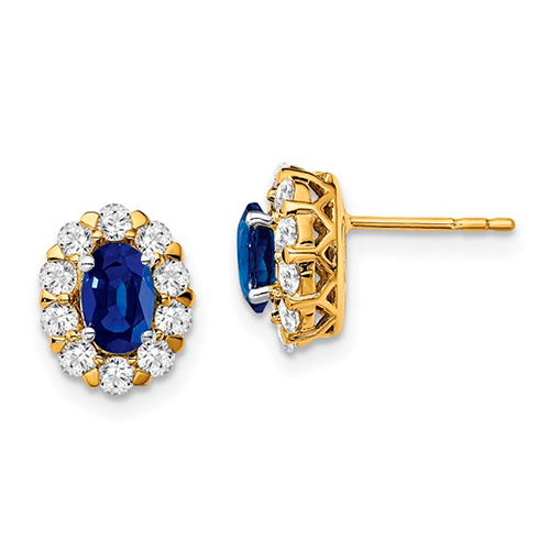 14k Yellow Gold 1 ct tw Created Oval Blue Sapphire and Lab Grown Diamond Halo Earrings