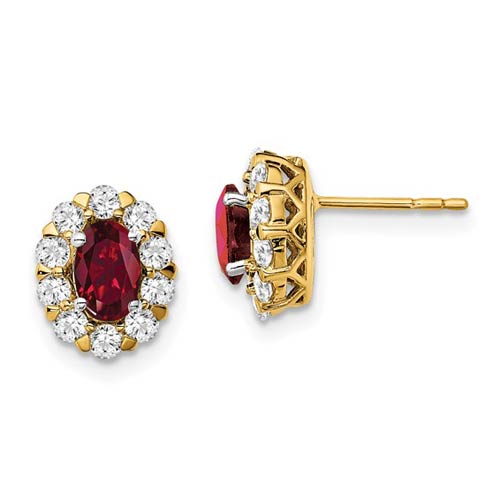 14k Yellow Gold 1 ct tw Oval Ruby Halo Earrings with Diamonds