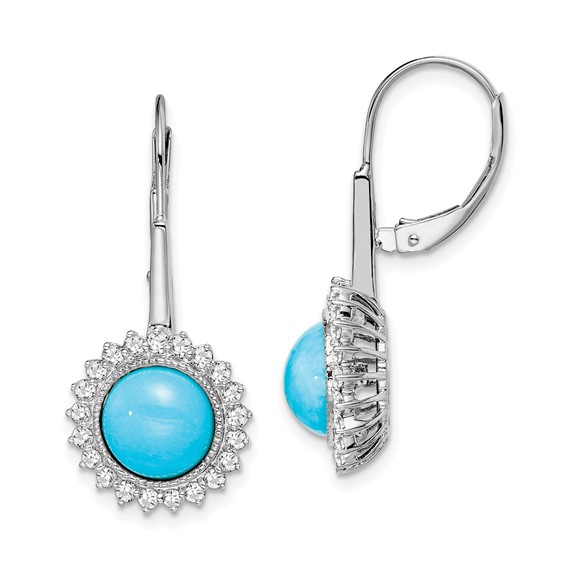 14k White Gold 2.8 ct Turquoise and Diamond Halo Leverback Earrings