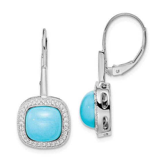 14k White Gold 4.5 ct Turquoise and Diamond Leverback Earrings