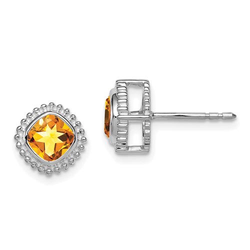 10k White Gold 1 ct tw Cushion Citrine Earrings with Beaded Border