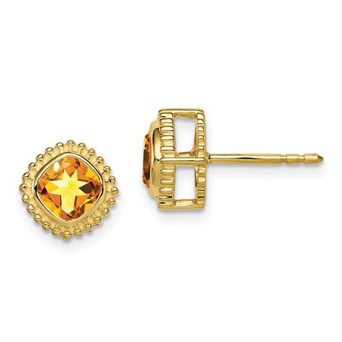 10k Yellow Gold 1 ct tw Cushion Citrine Earrings with Beaded Border