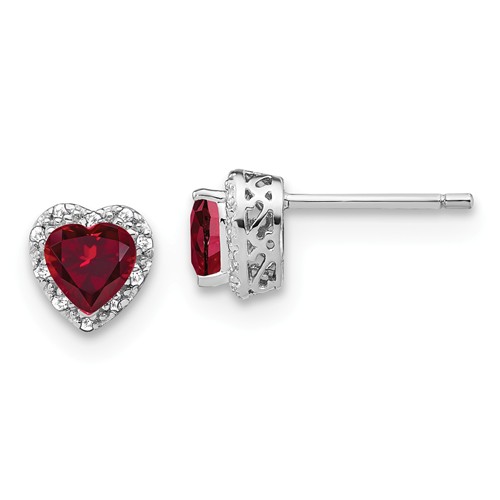 Sterling Silver 5mm Heart Created Ruby And Diamond Earrings