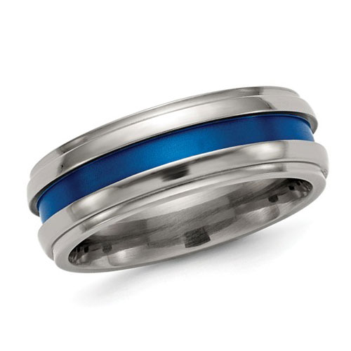 Edward Mirell 7.5mm Grooved Blue Line Titanium Ring