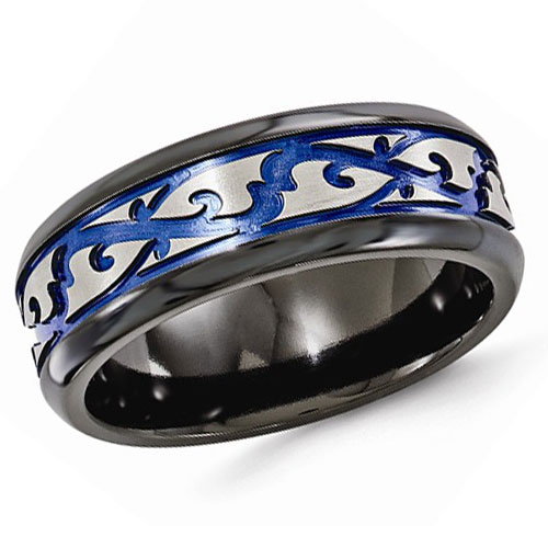 Edward Mirell 9mm Black and Blue Titanium Ring with Scroll Pattern Size 9.5