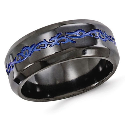 Edward Mirell 9mm Black Titanium Ring with Blue Anodized Tribal Groove