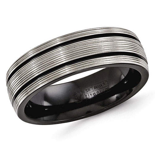 Edward Mirell 7mm Black Titanium Ring with Grooves and Gray Lines