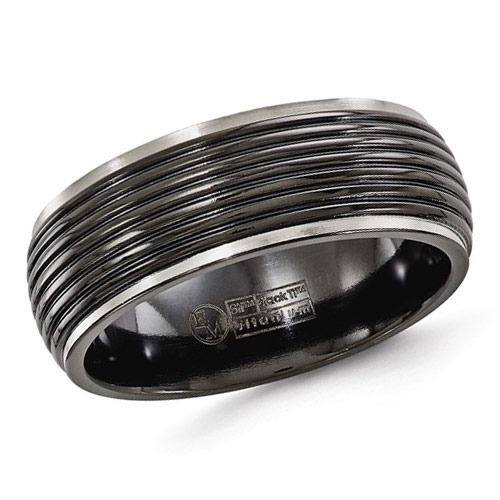 Edward Mirell 8mm Black Titanium Ring with Grooves and Gray Edges