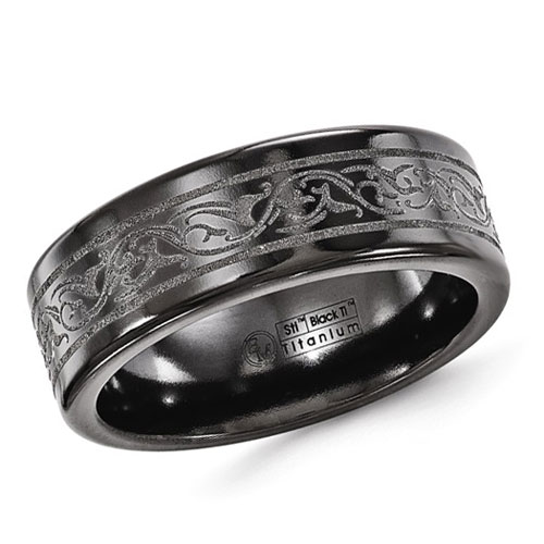 Edward Mirell 8mm Black Titanium Ring with Lasered Scroll Design