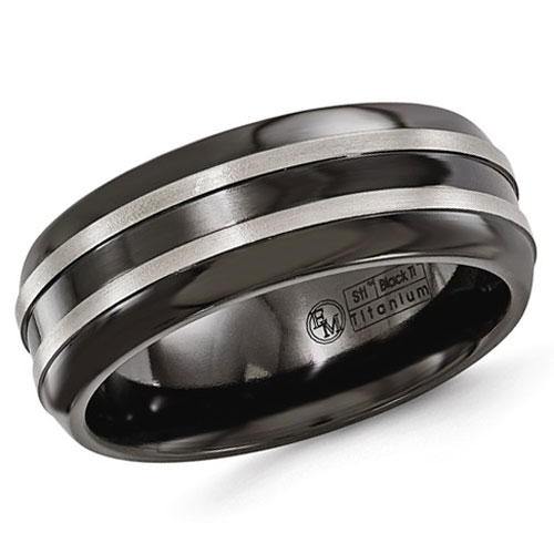 Edward Mirell 8mm Black Titanium Ring with Brushed Gray Stripes
