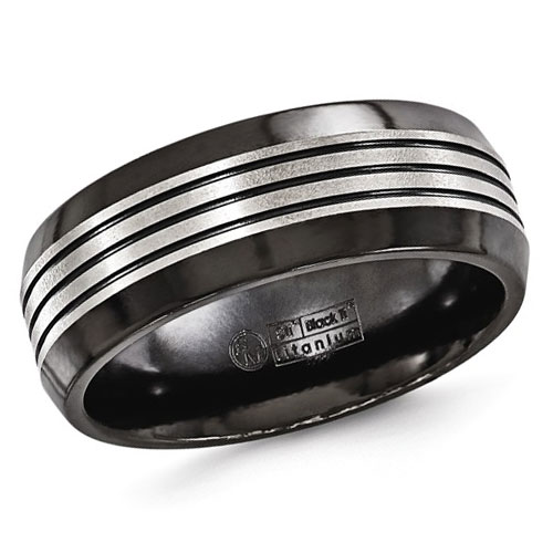 Edward Mirell 8mm Black Gray Titanium Ring with Grooves Beveled Edges