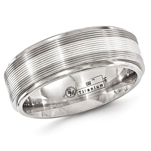 Edward Mirell 7.5mm Titanium Ring with 14k White Gold and Fine Lines
