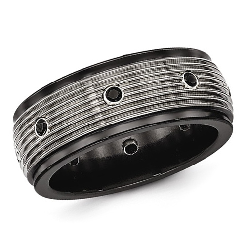 Edward Mirell 9mm Black Gray Titanium Black Spinel Ring with Grooves