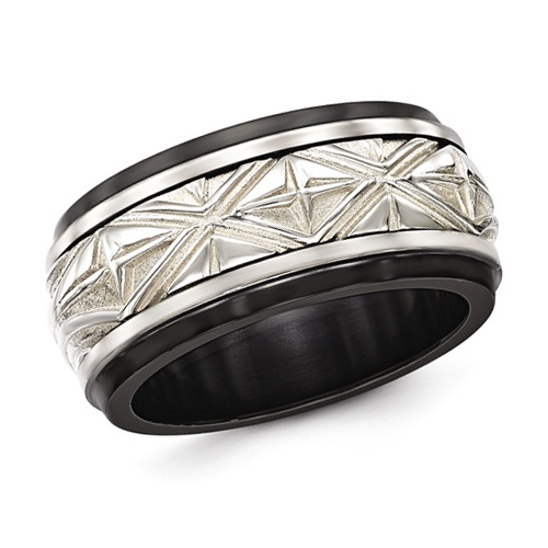 Edward Mirell 11mm Black Titanium Ring with Star Pattern Silver Inlay