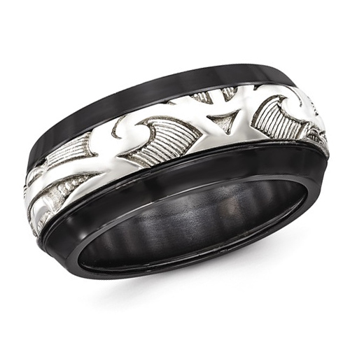 Edward Mirell 10mm Black Titanium Ring Scroll Argentium Silver Inlay